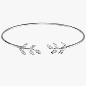 Boho Silver Leaf Branch Open Cuff Bangle Bracelet Dainty Petite Adjustable
